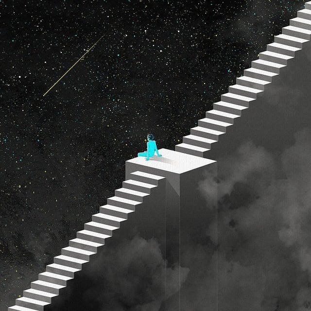 Man sitting on a staircase hanging in space and looking at a shooting star in the black heavens